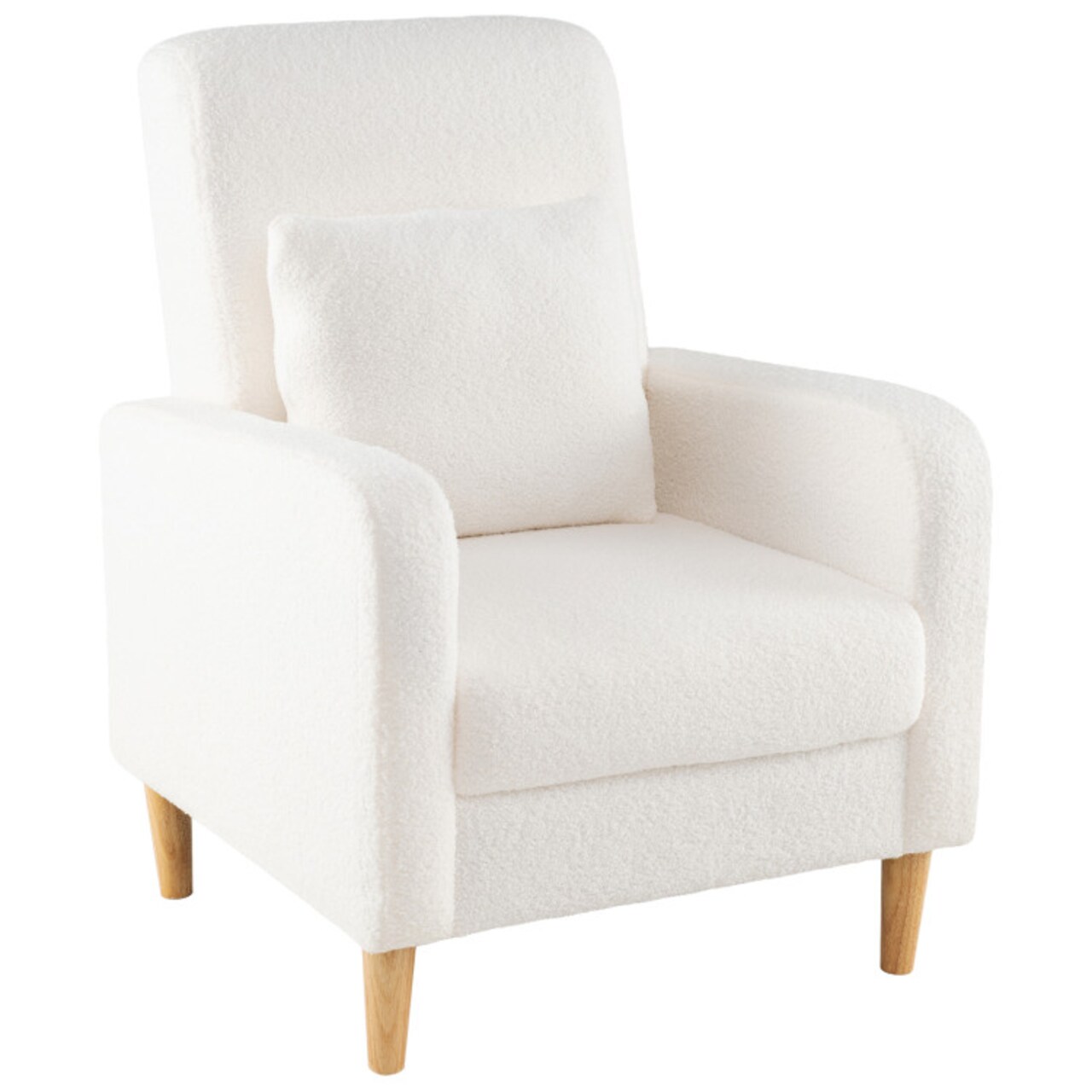 White-Natural Teddy Fleece Accent Chair with Lumbar Pillow and Armrest